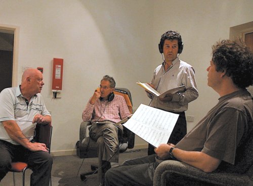 discussing a take, L to R: John H West (producer), Jeremy Polmear, Richard Saxel, Steve Stirling. Photo by Alexander Van Ingen